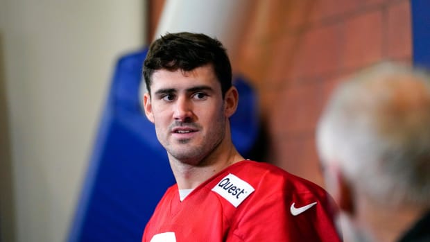 New York Giants quarterback Daniel Jones (8) answers questions after team practice at the Quest Diagnostics Training Center on Wednesday, Jan. 11, 2023, in East Rutherford.